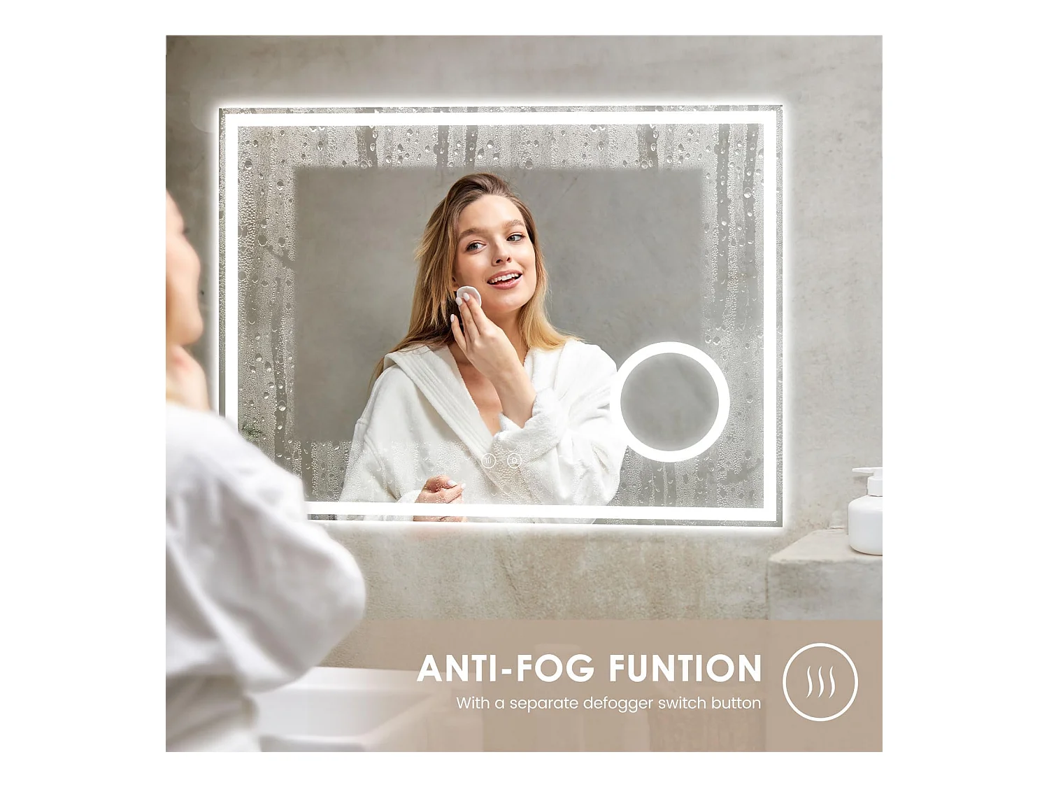 Specchio da bagno 80x60cm LED, antiappannamento, 3 lenti di ingrandimento, dimmerabile 3 colori, presa per rasoio, IP44