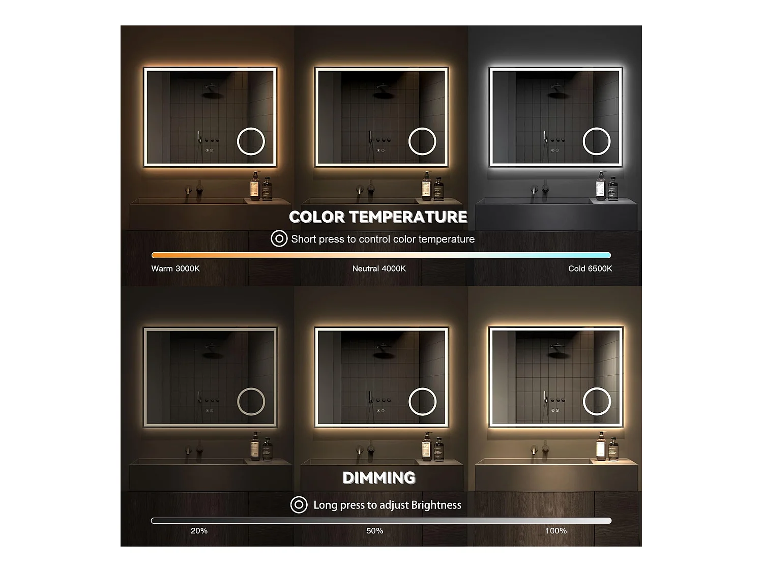 Specchio da bagno 80x60cm LED, antiappannamento, 3 lenti di ingrandimento, dimmerabile 3 colori, presa per rasoio, IP44