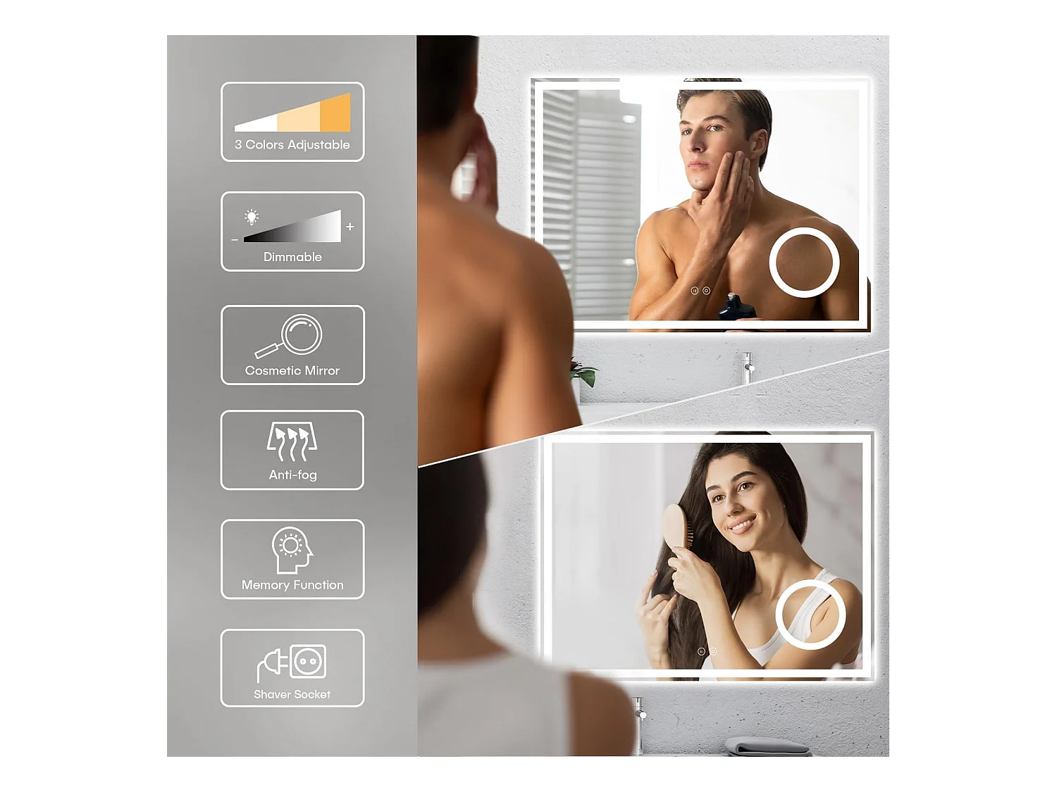 Specchio da bagno 80x60cm LED, antiappannamento, 3 lenti di ingrandimento, dimmerabile 3 colori, presa per rasoio, IP44