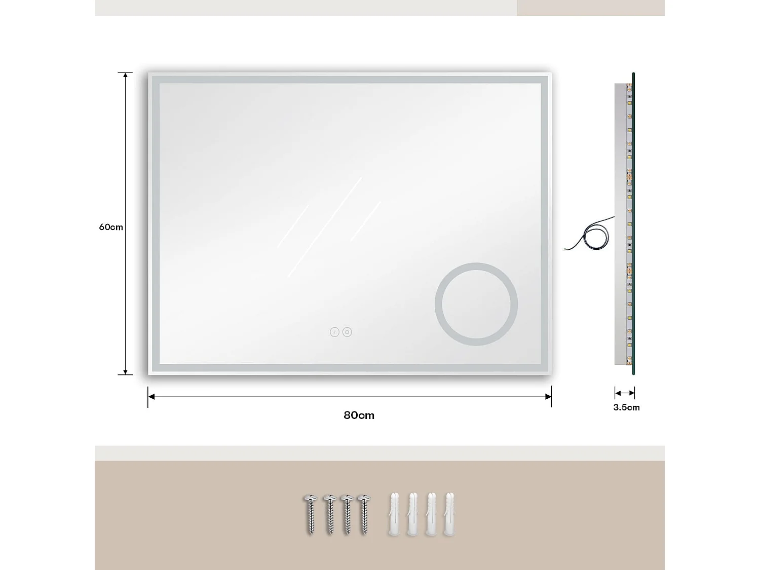 Specchio da bagno 80x60cm LED, antiappannamento, 3 lenti di ingrandimento, dimmerabile 3 colori, presa per rasoio, IP44