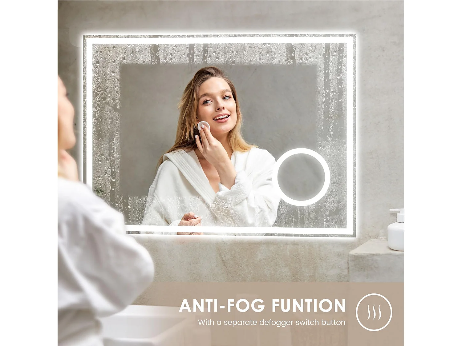 Specchio da bagno 80x60cm LED, antiappannamento, 3 lenti di ingrandimento, dimmerabile 3 colori, presa per rasoio, IP44