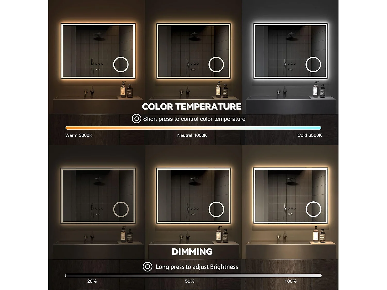 Specchio da bagno 80x60cm LED, antiappannamento, 3 lenti di ingrandimento, dimmerabile 3 colori, presa per rasoio, IP44