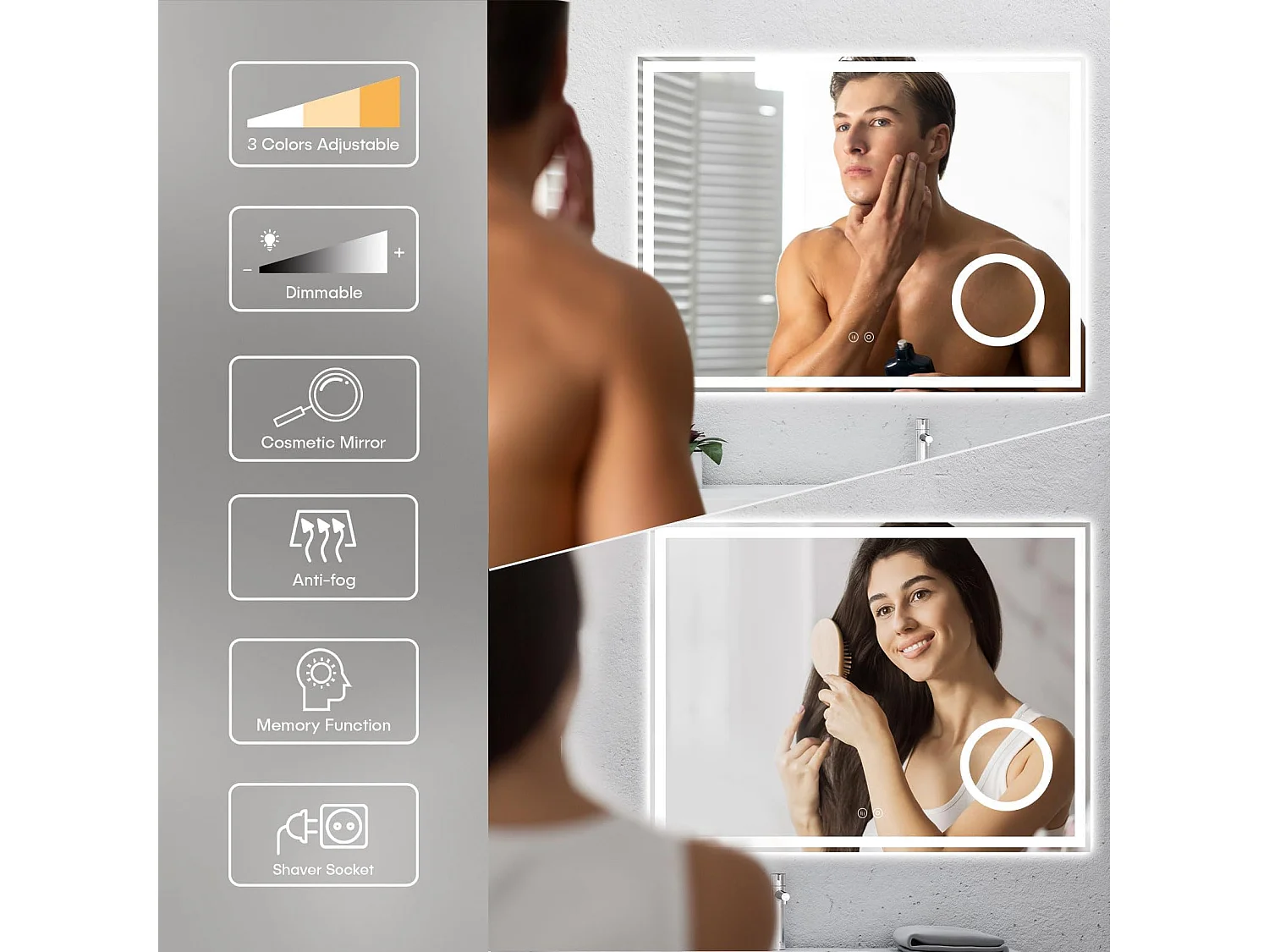 Specchio da bagno 80x60cm LED, antiappannamento, 3 lenti di ingrandimento, dimmerabile 3 colori, presa per rasoio, IP44