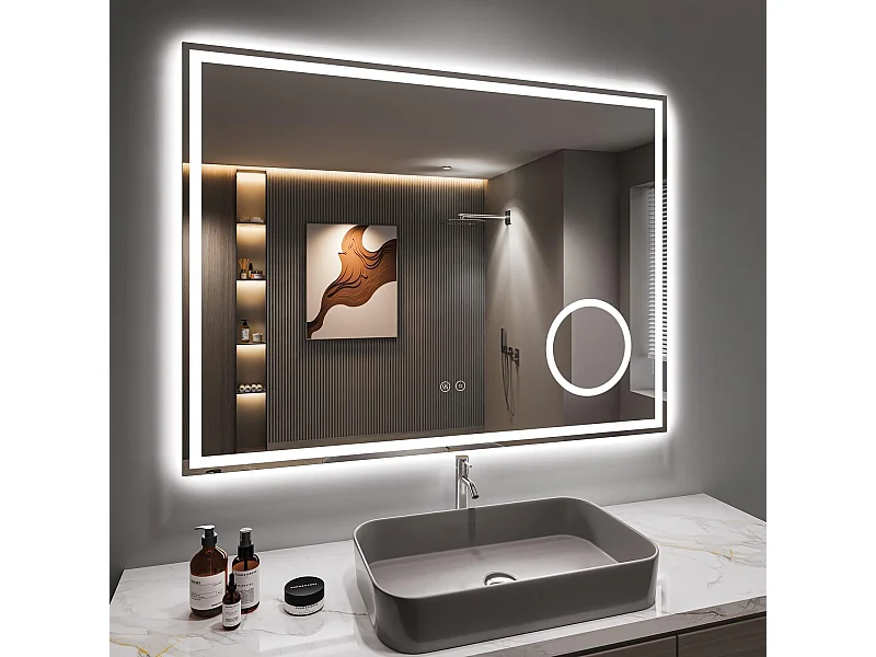 Miroir Salle de Bain 80x60cm LED, Anti-buée, 3 Loupe, Dimmable 3 Couleurs, Prise Rasoir, IP44