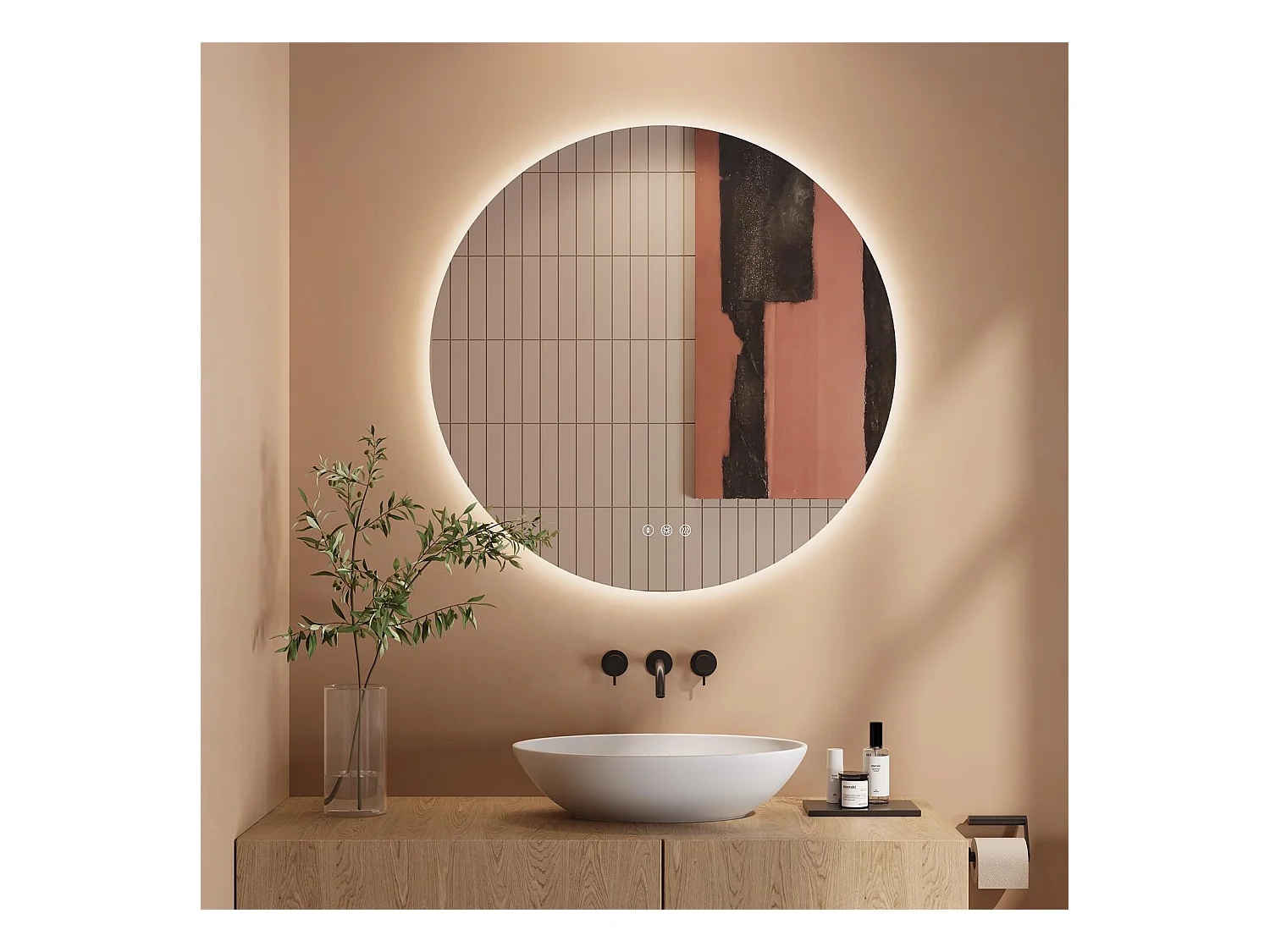 Specchio da bagno rotondo a LED da 60 cm, antiappannamento, 3 colori, dimmerabile, interruttore touch