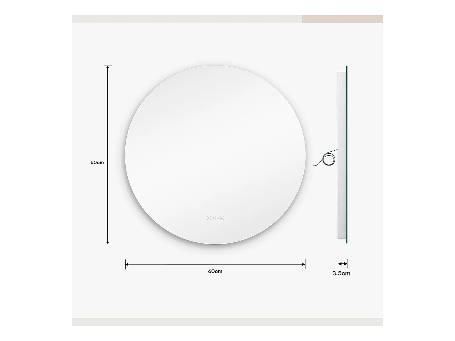 Specchio da bagno rotondo a LED da 60 cm, antiappannamento, 3 colori, dimmerabile, interruttore touch