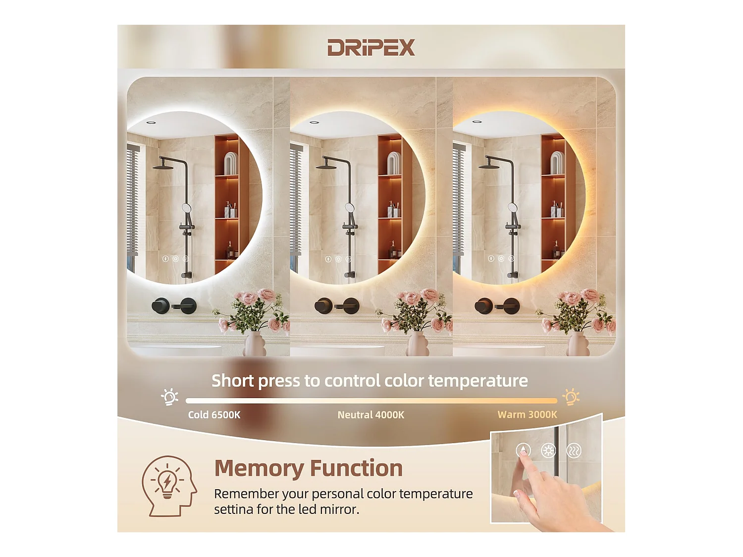 Specchio da bagno rotondo a LED da 60 cm, antiappannamento, 3 colori, dimmerabile, interruttore touch