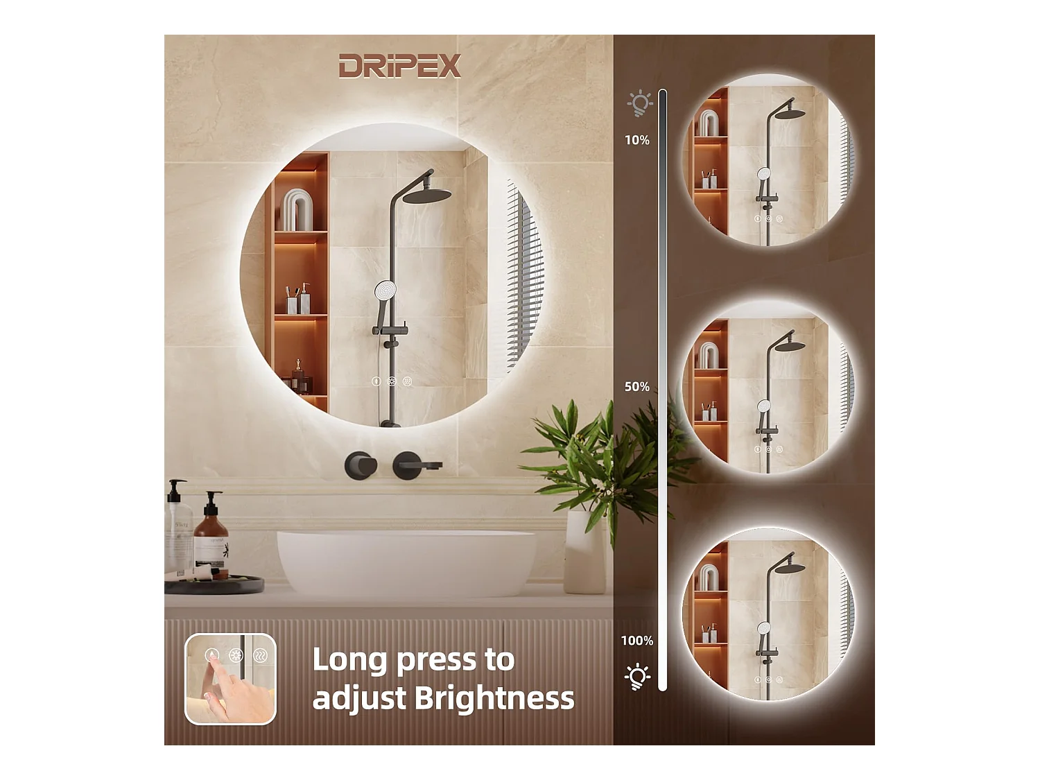 Specchio da bagno rotondo a LED da 60 cm, antiappannamento, 3 colori, dimmerabile, interruttore touch