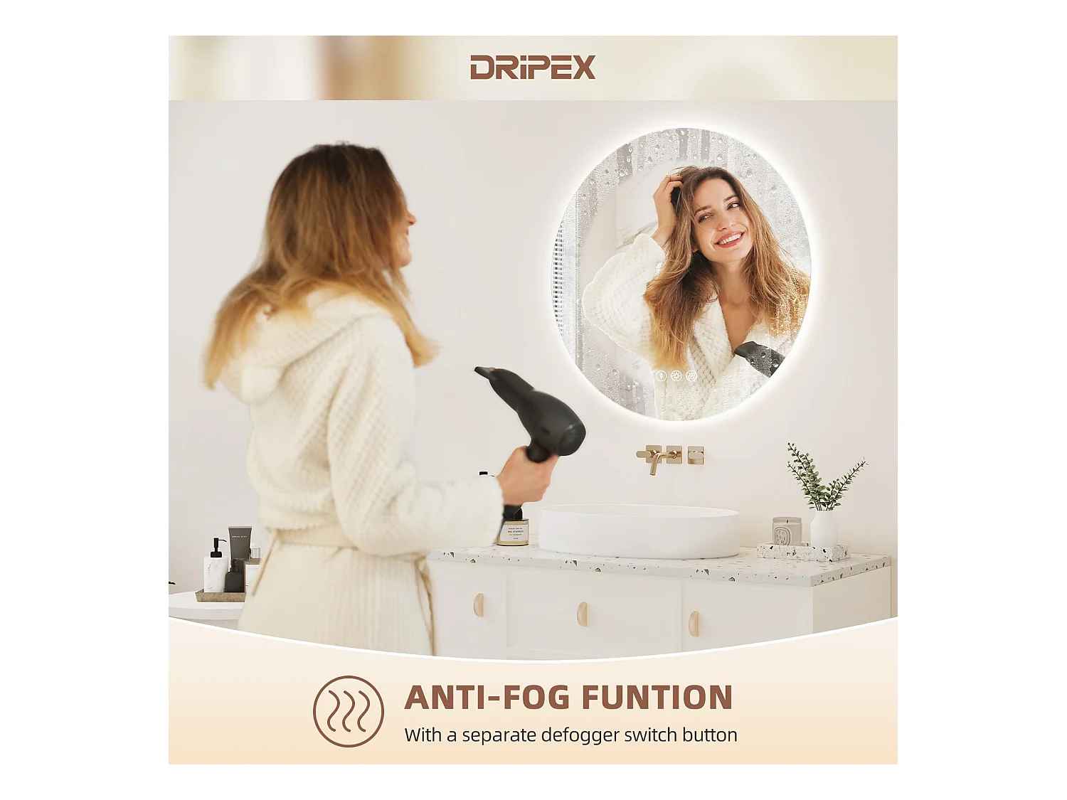 Specchio da bagno rotondo a LED da 60 cm, antiappannamento, 3 colori, dimmerabile, interruttore touch