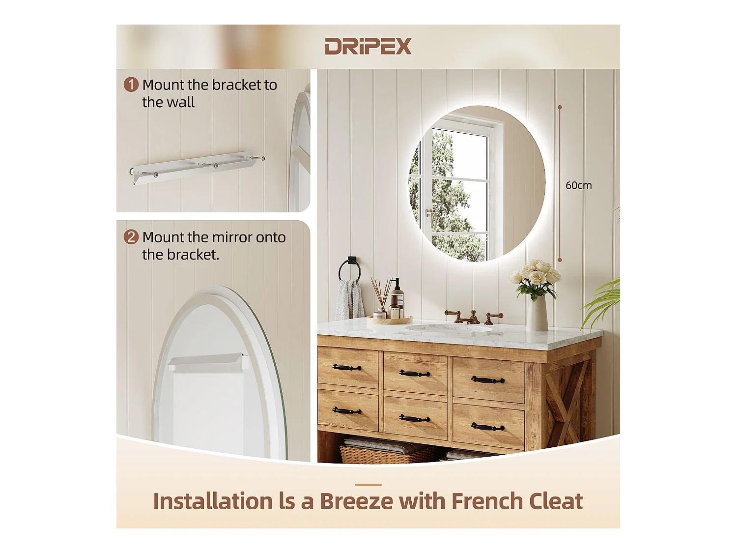 Specchio da bagno rotondo a LED da 60 cm, antiappannamento, 3 colori, dimmerabile, interruttore touch