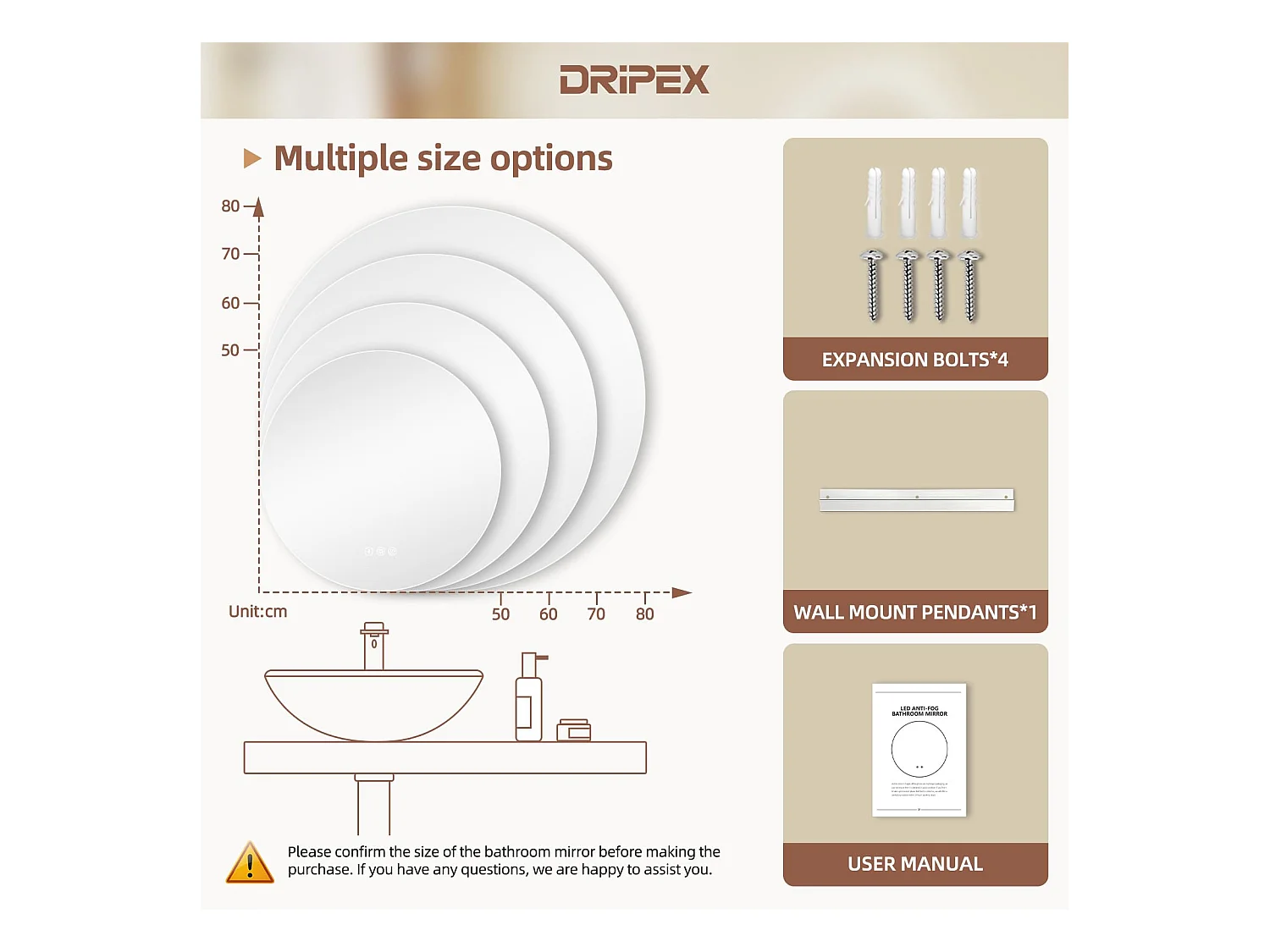 Specchio da bagno rotondo a LED da 60 cm, antiappannamento, 3 colori, dimmerabile, interruttore touch