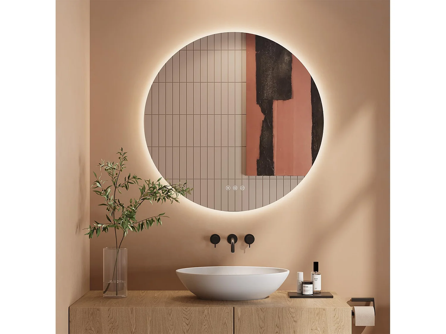 Specchio da bagno rotondo a LED da 60 cm, antiappannamento, 3 colori, dimmerabile, interruttore touch