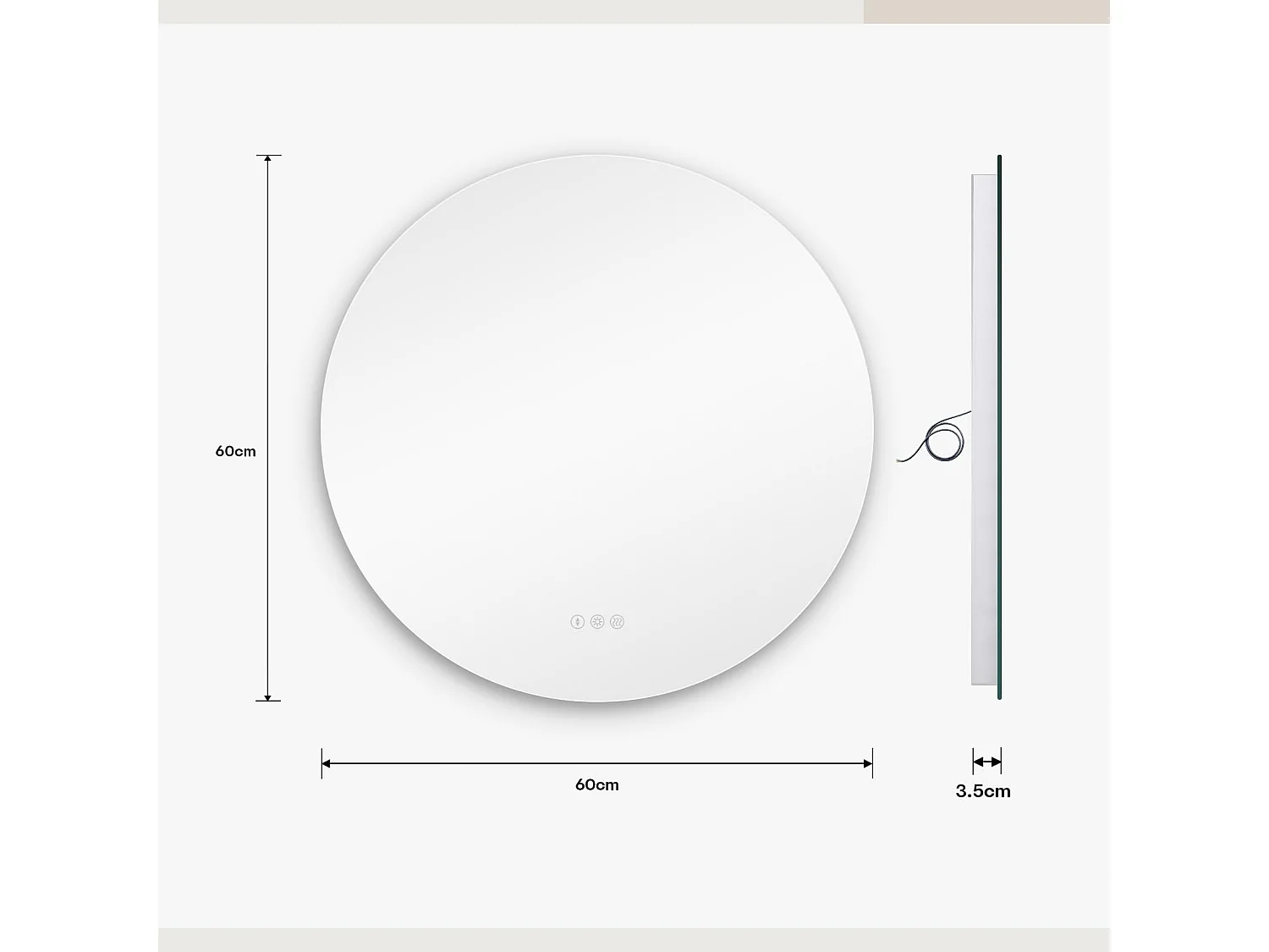 Specchio da bagno rotondo a LED da 60 cm, antiappannamento, 3 colori, dimmerabile, interruttore touch