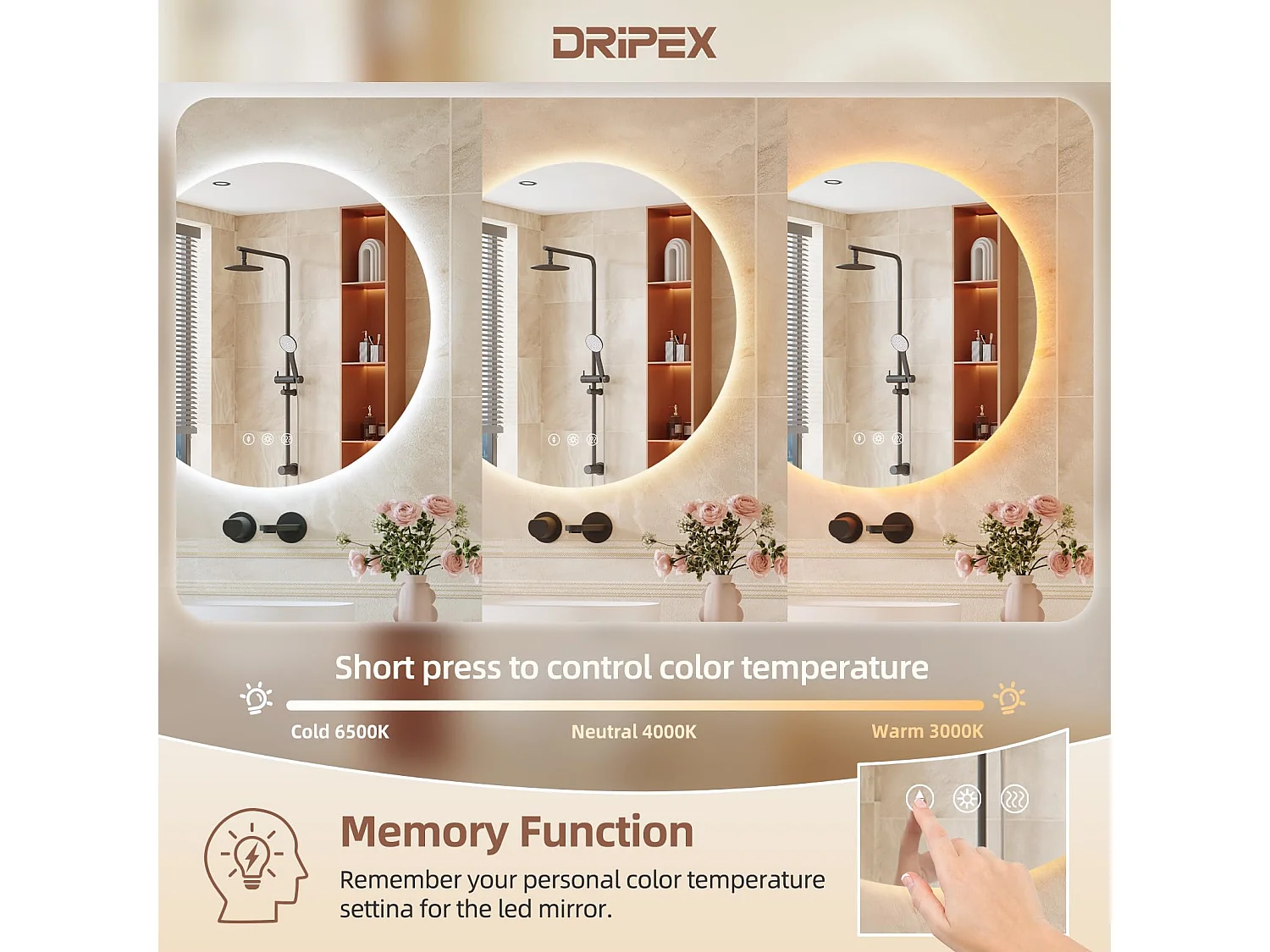 Specchio da bagno rotondo a LED da 60 cm, antiappannamento, 3 colori, dimmerabile, interruttore touch