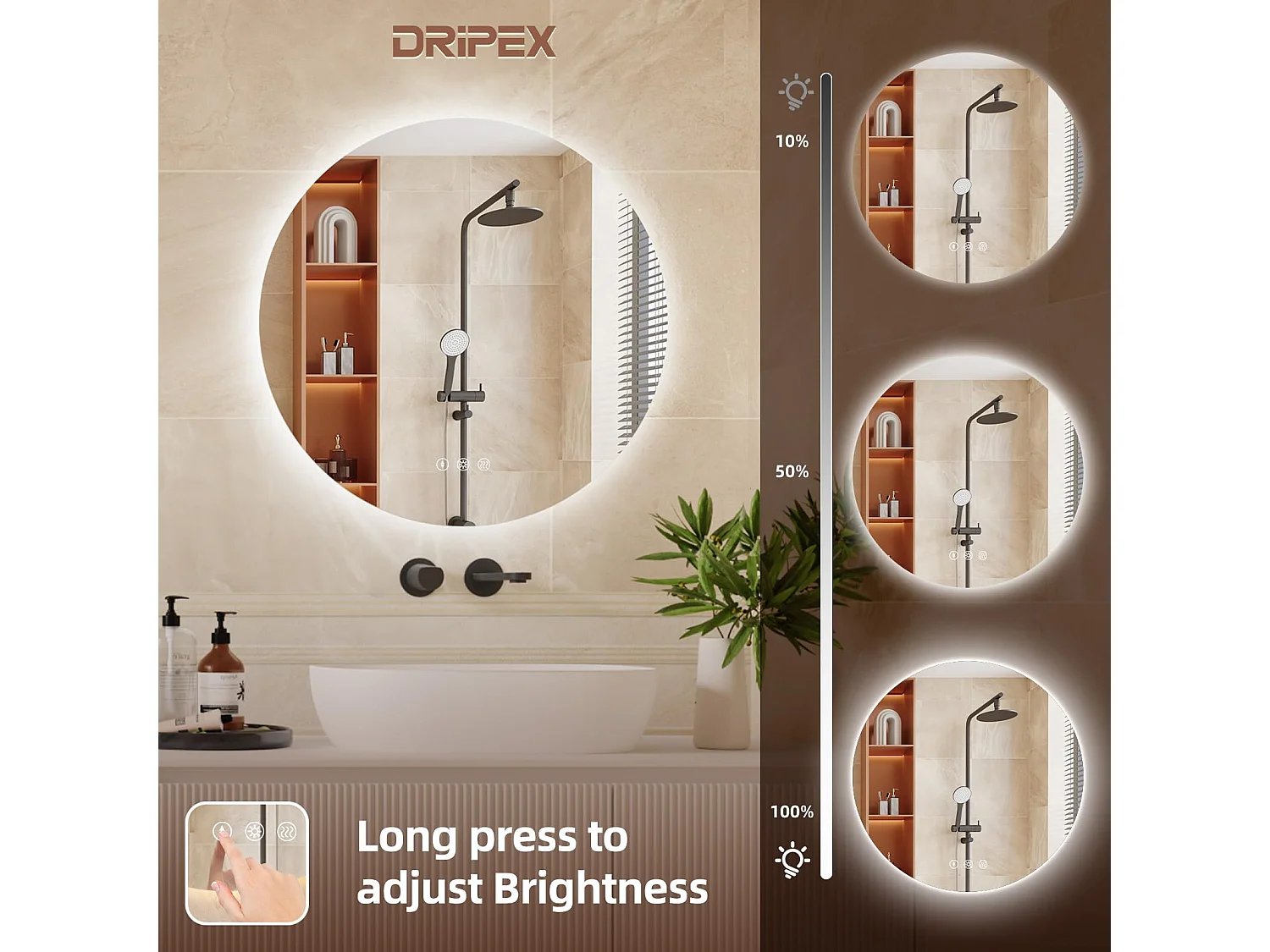 Specchio da bagno rotondo a LED da 60 cm, antiappannamento, 3 colori, dimmerabile, interruttore touch