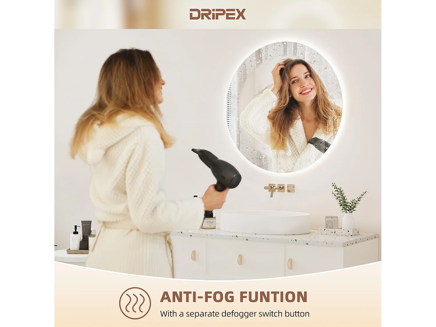 Specchio da bagno rotondo a LED da 60 cm, antiappannamento, 3 colori, dimmerabile, interruttore touch