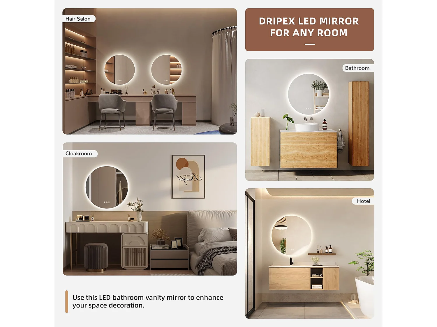 Specchio da bagno rotondo a LED da 60 cm, antiappannamento, 3 colori, dimmerabile, interruttore touch