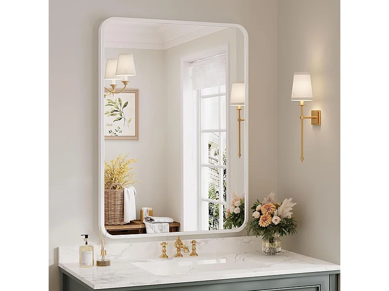 Miroir Salle de Bain Rectangulaire 75x55cm avec Cadre Aluminium, Miroir Mural HD Maquillage et Décoration Maison Blanc