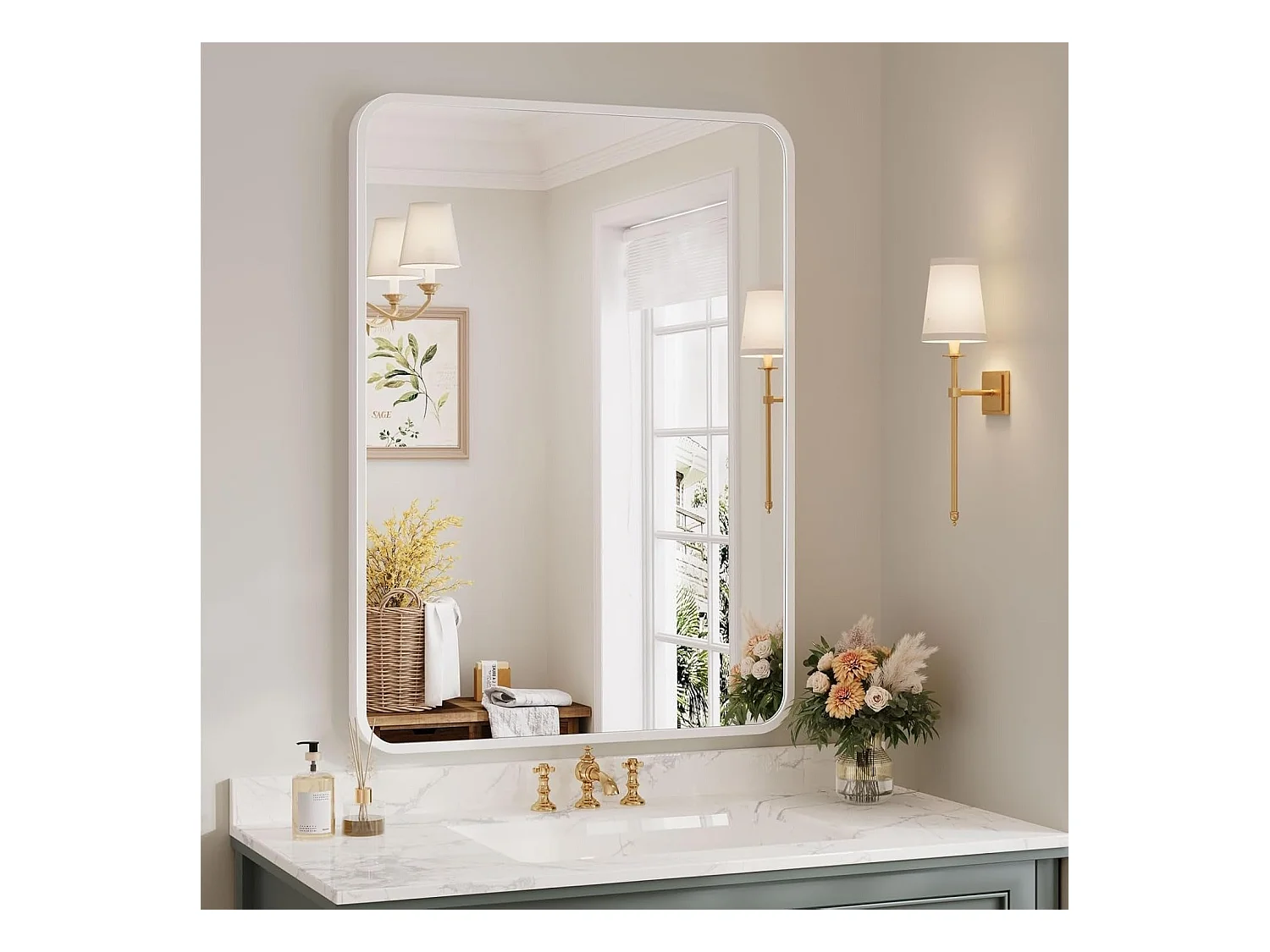 Specchio da bagno rettangolare 75x55cm con cornice in alluminio, specchio da parete HD per trucco e decorazione della casa bianco