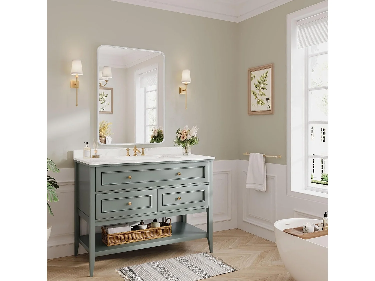 Specchio da bagno rettangolare 75x55cm con cornice in alluminio, specchio da parete HD per trucco e decorazione della casa bianco