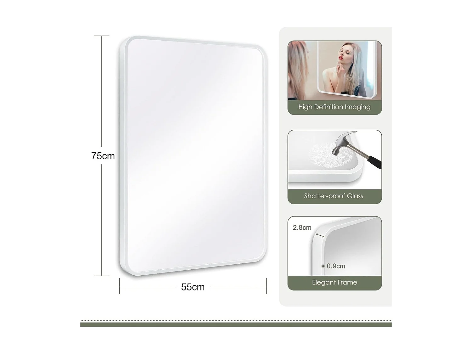 Specchio da bagno rettangolare 75x55cm con cornice in alluminio, specchio da parete HD per trucco e decorazione della casa bianco