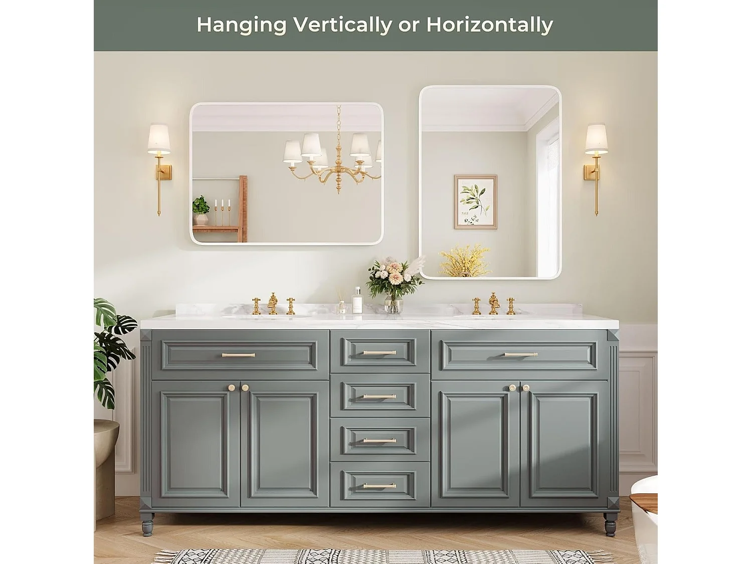 Specchio da bagno rettangolare 75x55cm con cornice in alluminio, specchio da parete HD per trucco e decorazione della casa bianco