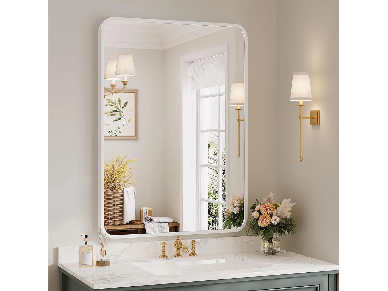 Miroir Salle de Bain Rectangulaire 75x55cm avec Cadre Aluminium, Miroir Mural HD Maquillage et Décoration Maison Blanc