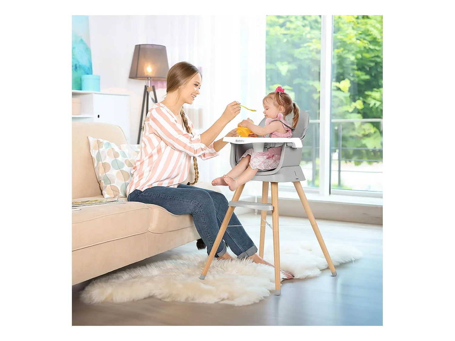 Ezebaby 6-in-1 Kinderstoel, Met Houten Poten, 5-punts Gordel en Voetensteun, voor Kinderen vanaf 6 Maanden