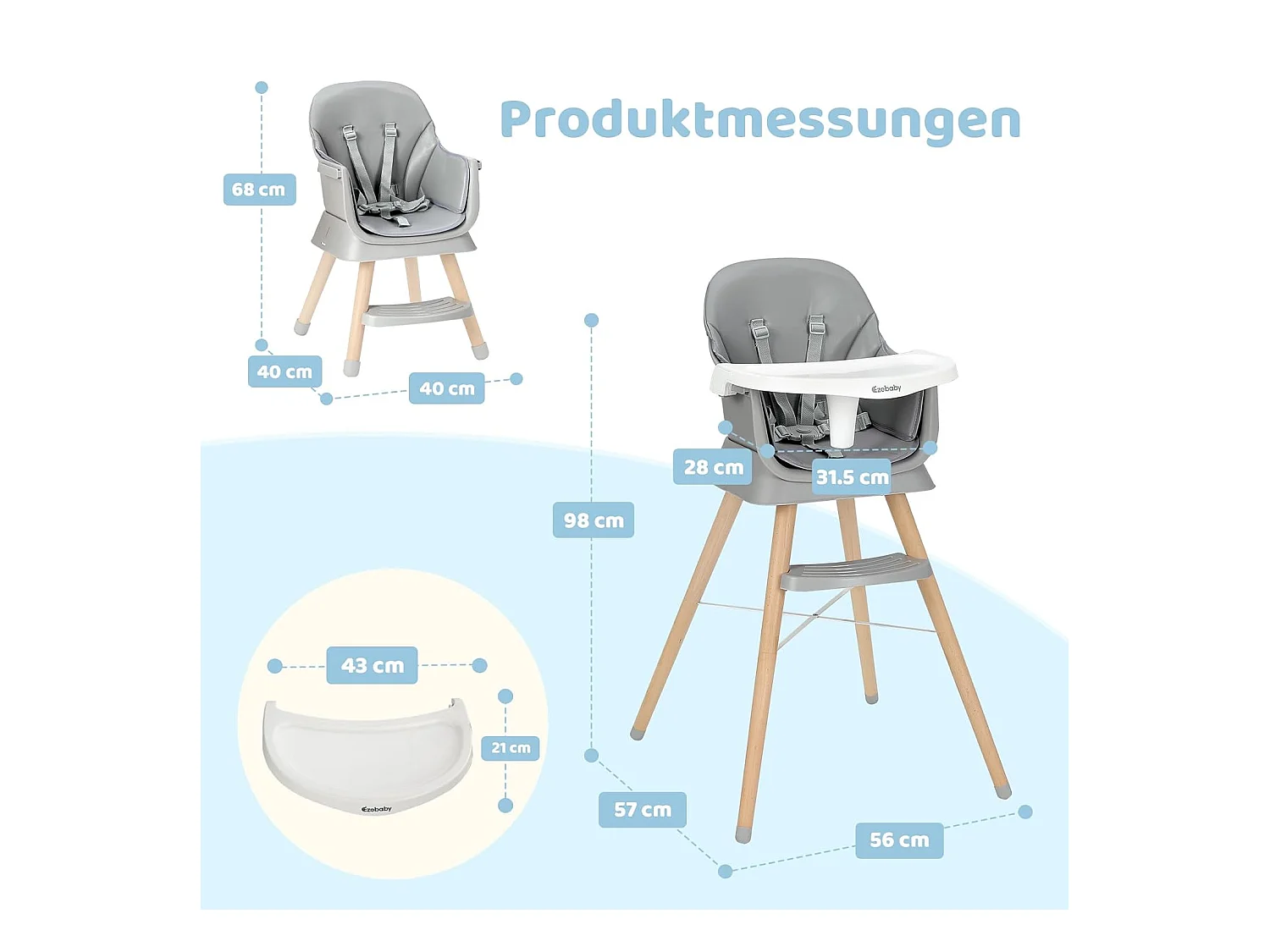 Ezebaby 6-in-1 Kinderstoel, Met Houten Poten, 5-punts Gordel en Voetensteun, voor Kinderen vanaf 6 Maanden