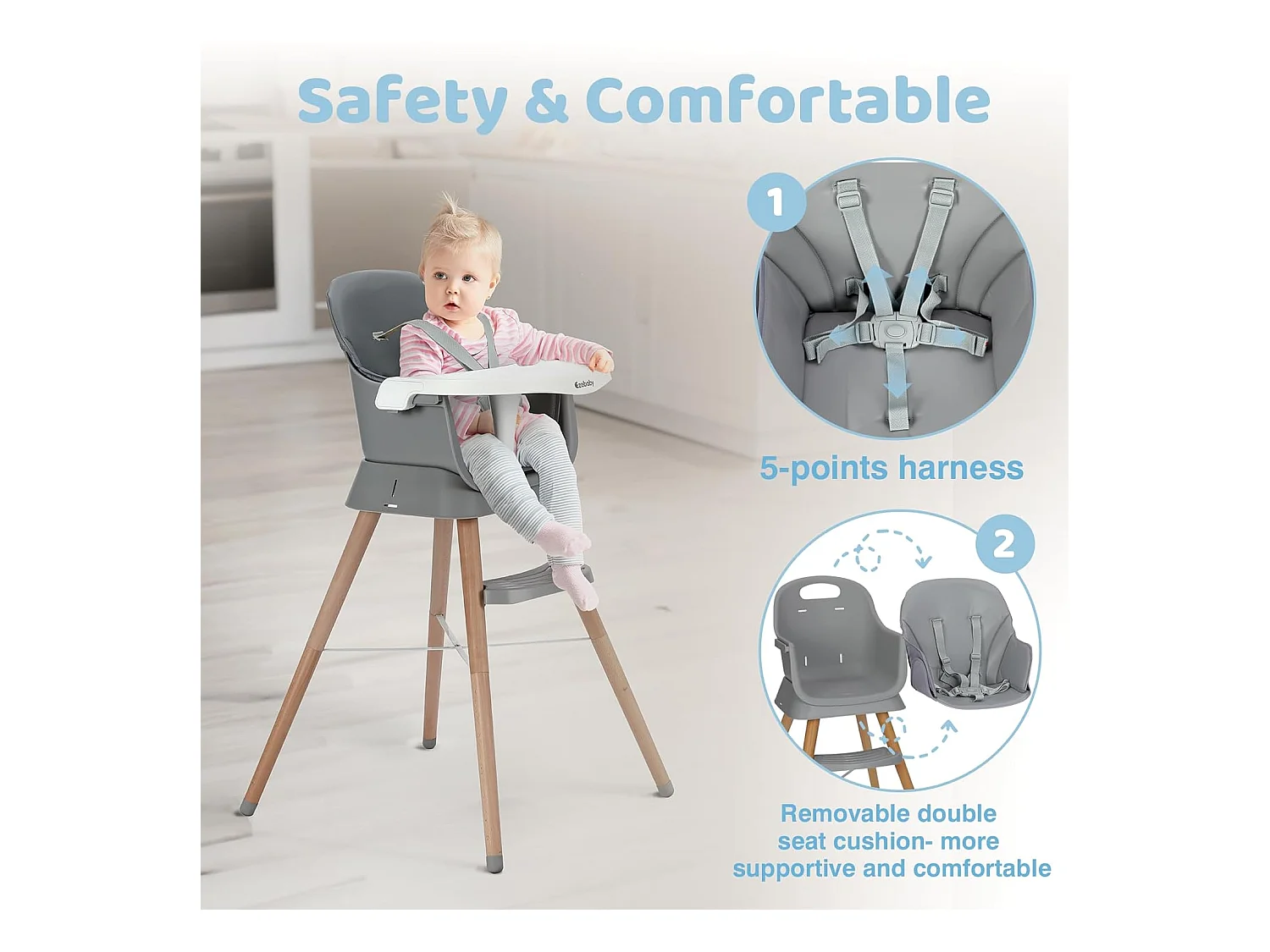 Ezebaby 6-in-1 Kinderstoel, Met Houten Poten, 5-punts Gordel en Voetensteun, voor Kinderen vanaf 6 Maanden