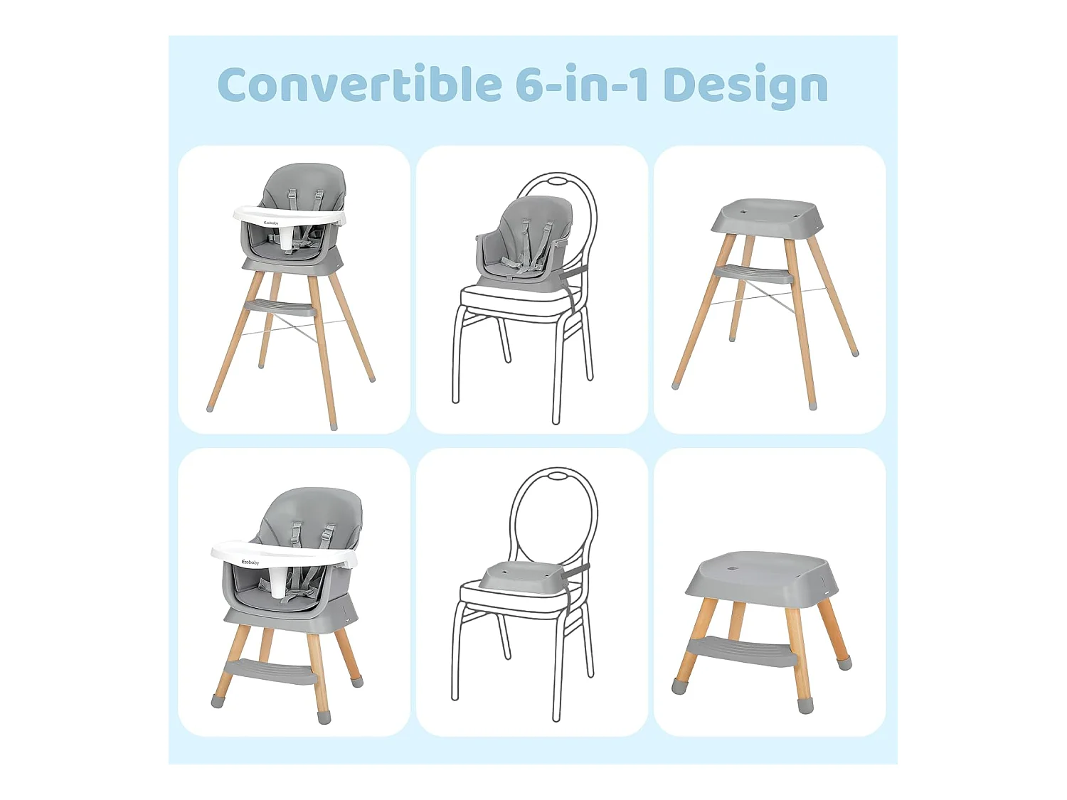 Ezebaby 6-in-1 Kinderstoel, Met Houten Poten, 5-punts Gordel en Voetensteun, voor Kinderen vanaf 6 Maanden