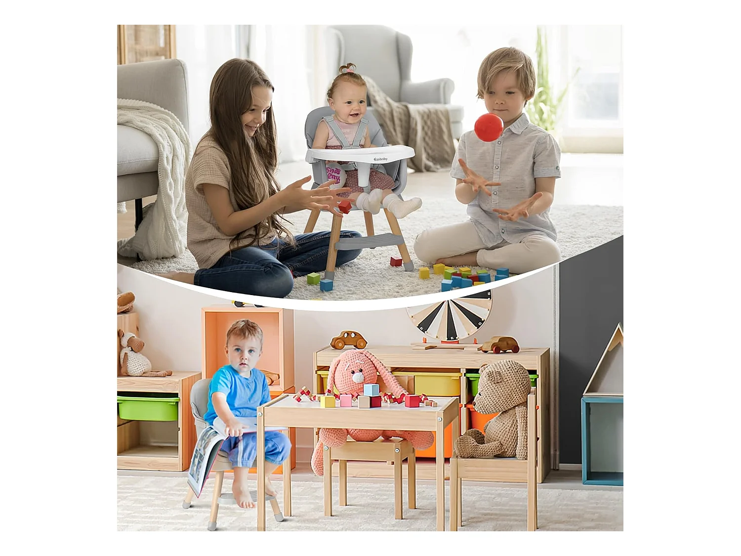 Ezebaby 6-in-1 Kinderstoel, Met Houten Poten, 5-punts Gordel en Voetensteun, voor Kinderen vanaf 6 Maanden