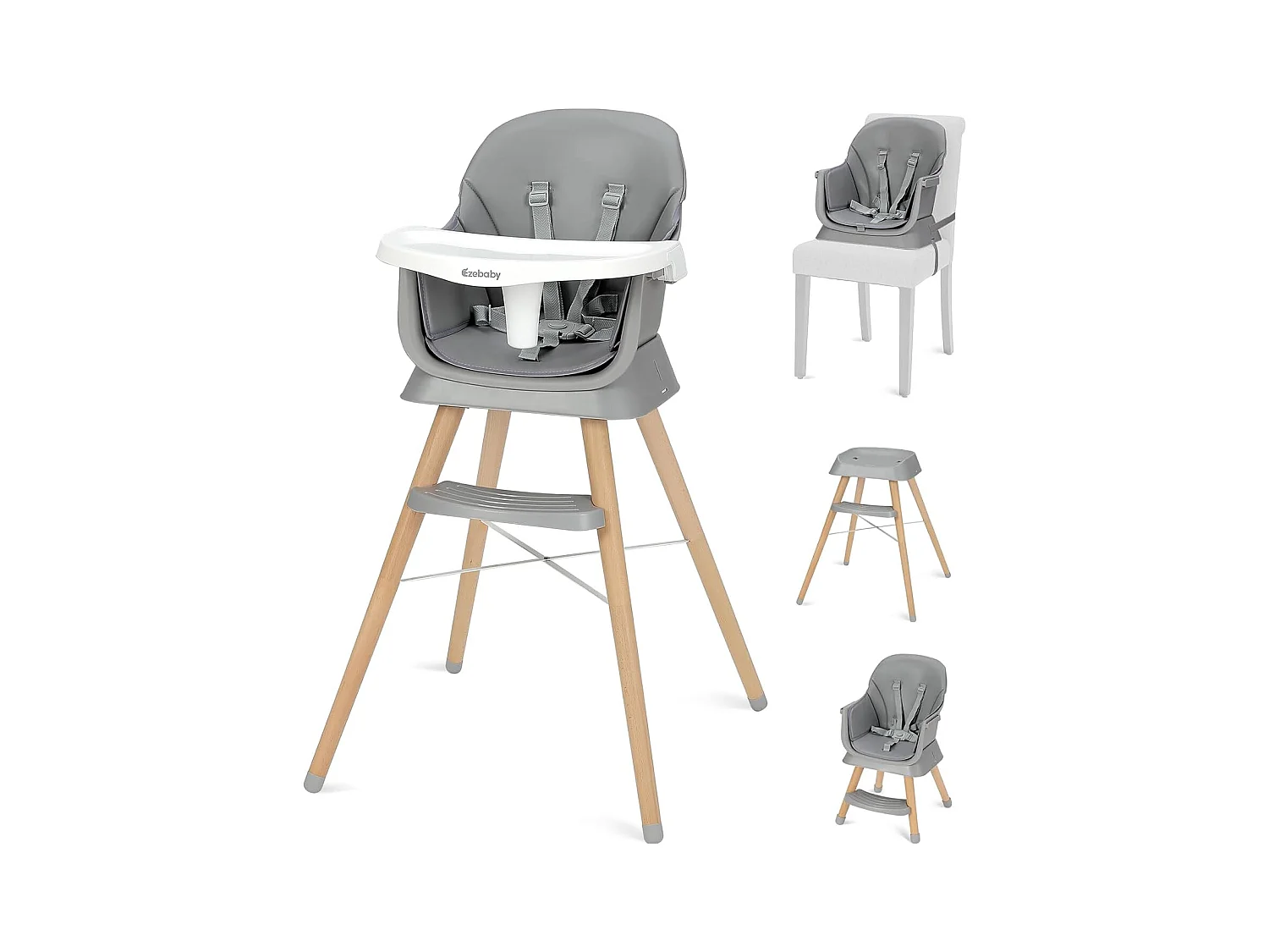 Chaise Haute Évolutive 6-en-1 Ezebaby, Pieds en Bois avec Harnais 5 Points et Repose-Pieds, pour Enfants dès 6 Mois