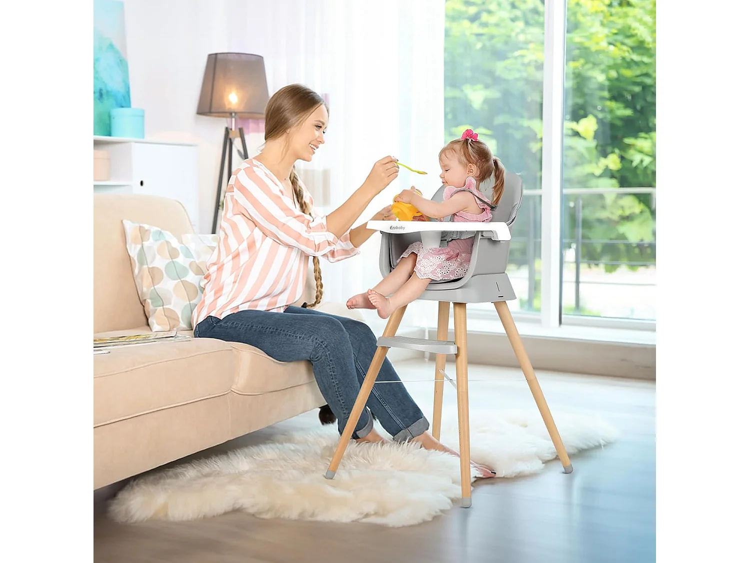 Seggiolone Evolutivo 6 in 1 Ezebaby, Gambe in Legno con Cintura a 5 Punti e Poggiapiedi, per Bambini dai 6 Mesi