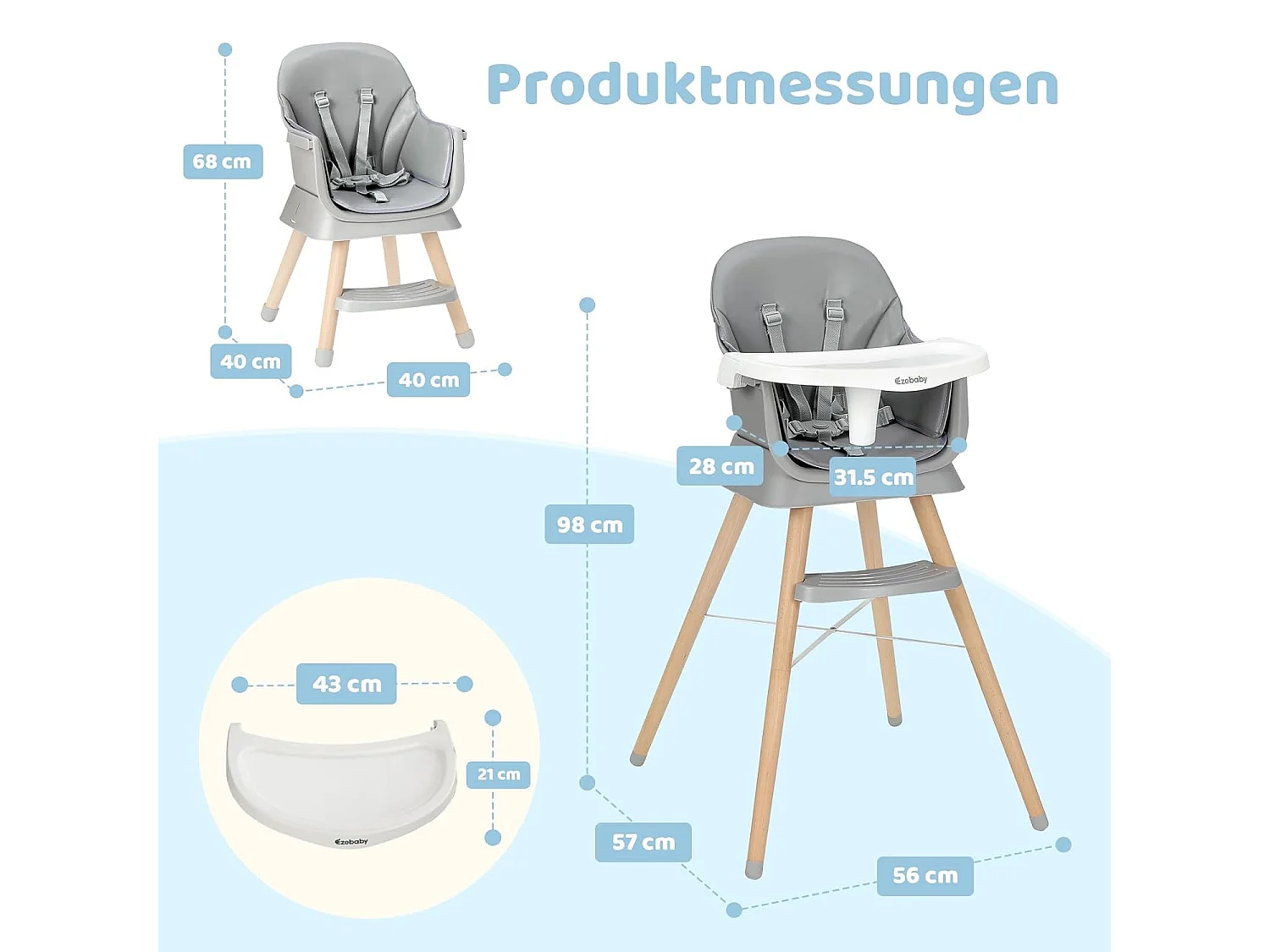 Seggiolone Evolutivo 6 in 1 Ezebaby, Gambe in Legno con Cintura a 5 Punti e Poggiapiedi, per Bambini dai 6 Mesi