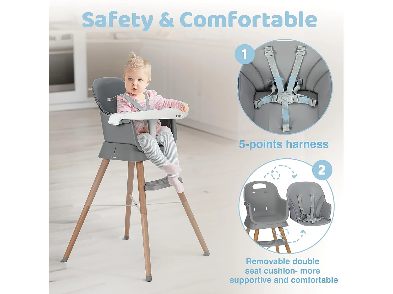 Seggiolone Evolutivo 6 in 1 Ezebaby, Gambe in Legno con Cintura a 5 Punti e Poggiapiedi, per Bambini dai 6 Mesi