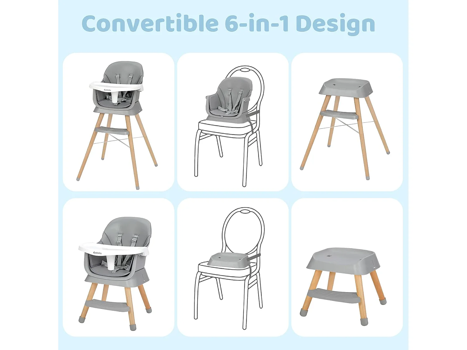 Seggiolone Evolutivo 6 in 1 Ezebaby, Gambe in Legno con Cintura a 5 Punti e Poggiapiedi, per Bambini dai 6 Mesi