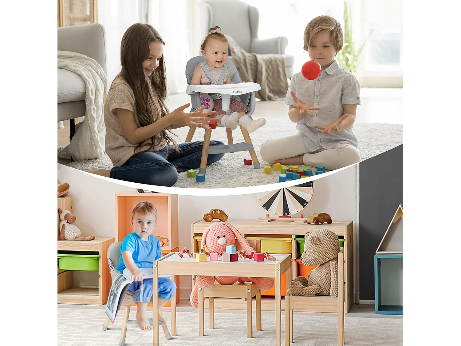 Seggiolone Evolutivo 6 in 1 Ezebaby, Gambe in Legno con Cintura a 5 Punti e Poggiapiedi, per Bambini dai 6 Mesi