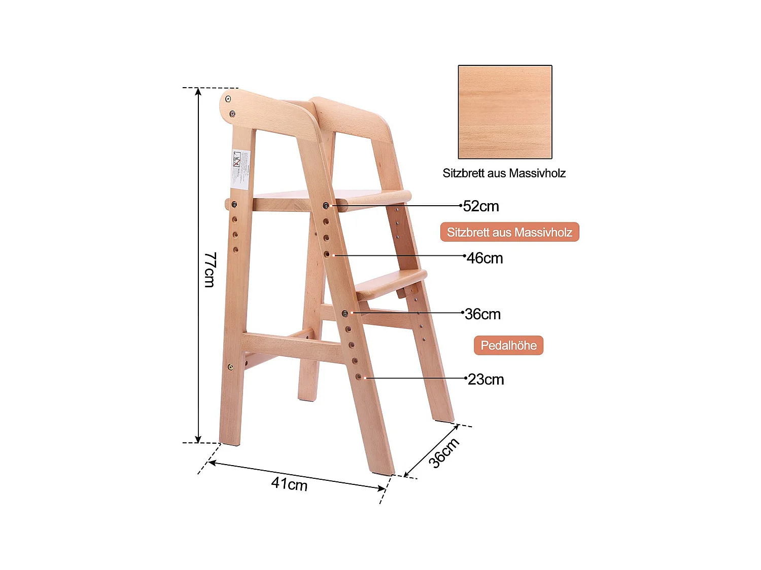 YOLEO Kinderstoel, Hoogteverstelbare Kinderstoel van Hout voor Kinderen van 2 tot 12 jaar om te Eten en Leren (Naturel)