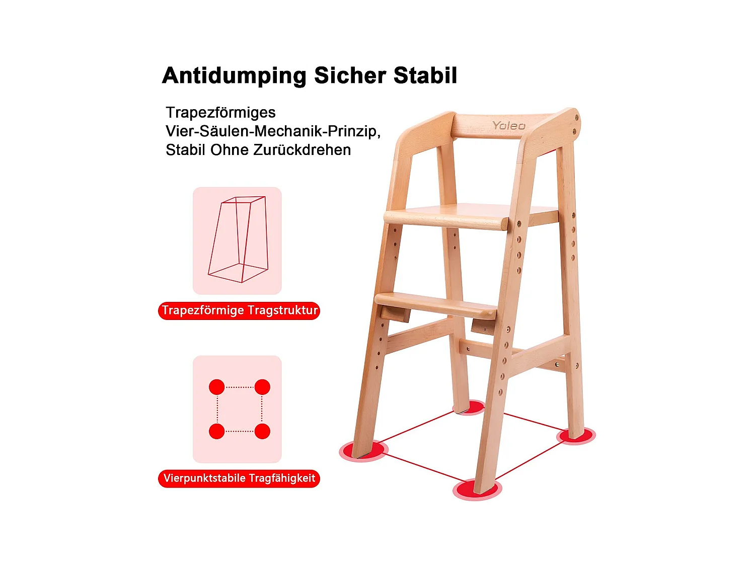 YOLEO Kinderstoel, Hoogteverstelbare Kinderstoel van Hout voor Kinderen van 2 tot 12 jaar om te Eten en Leren (Naturel)