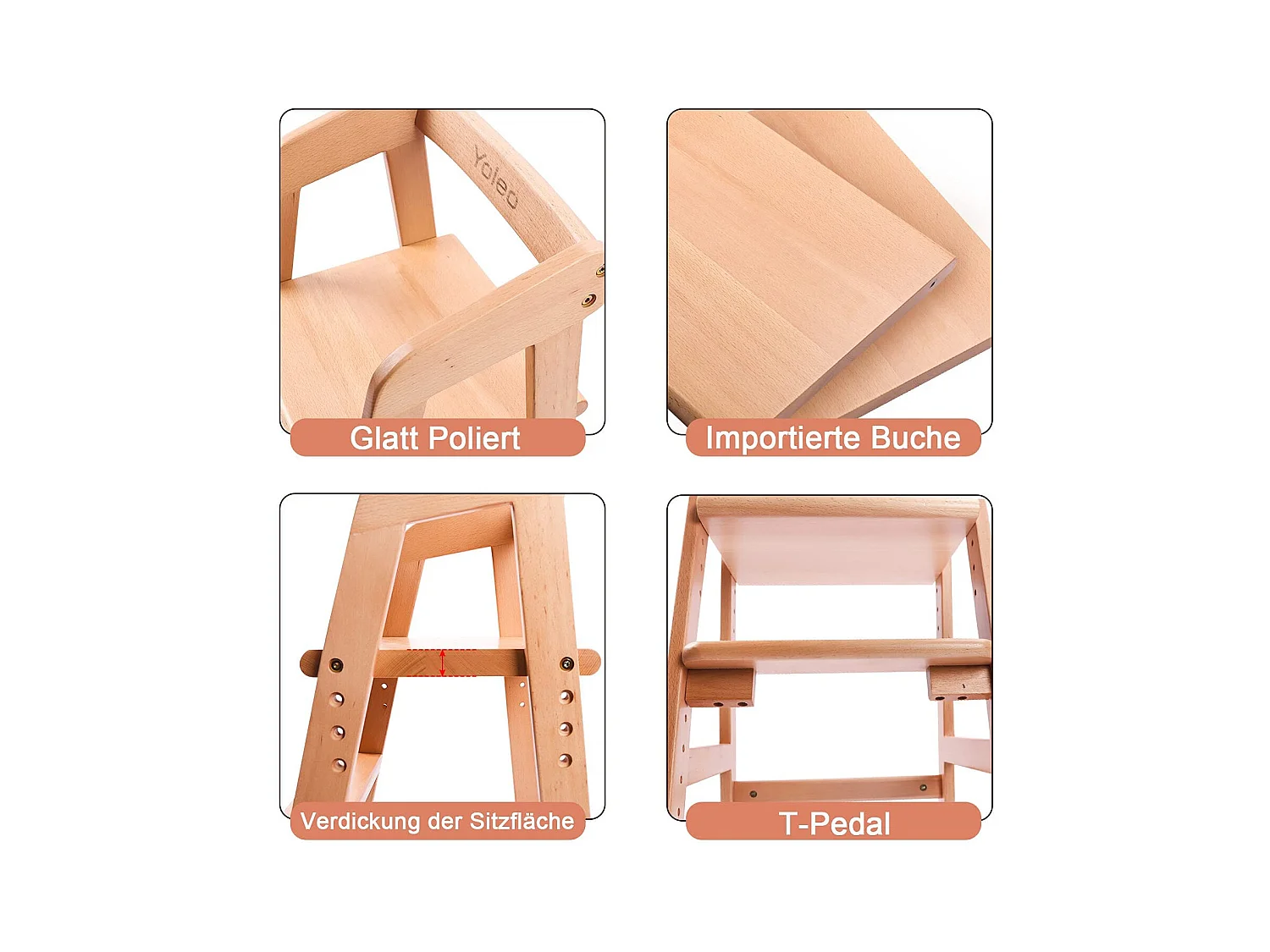 YOLEO Kinderstoel, Hoogteverstelbare Kinderstoel van Hout voor Kinderen van 2 tot 12 jaar om te Eten en Leren (Naturel)