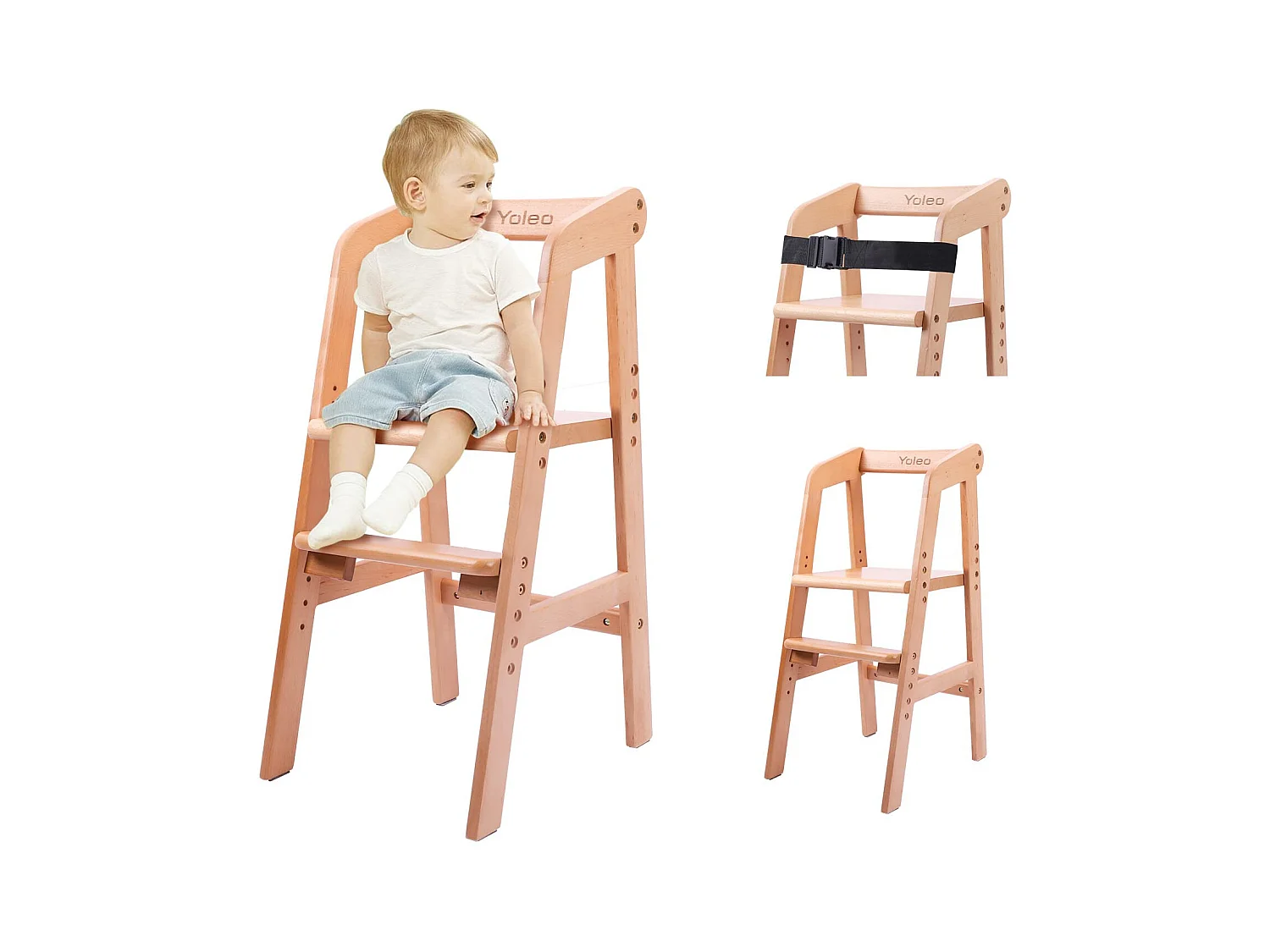 Chaise Haute YOLEO, Chaise Haute Enfantine Réglable en Hauteur en Bois pour Enfants de 2 à 12 Ans pour Manger et Apprendre (Couleur Naturelle)