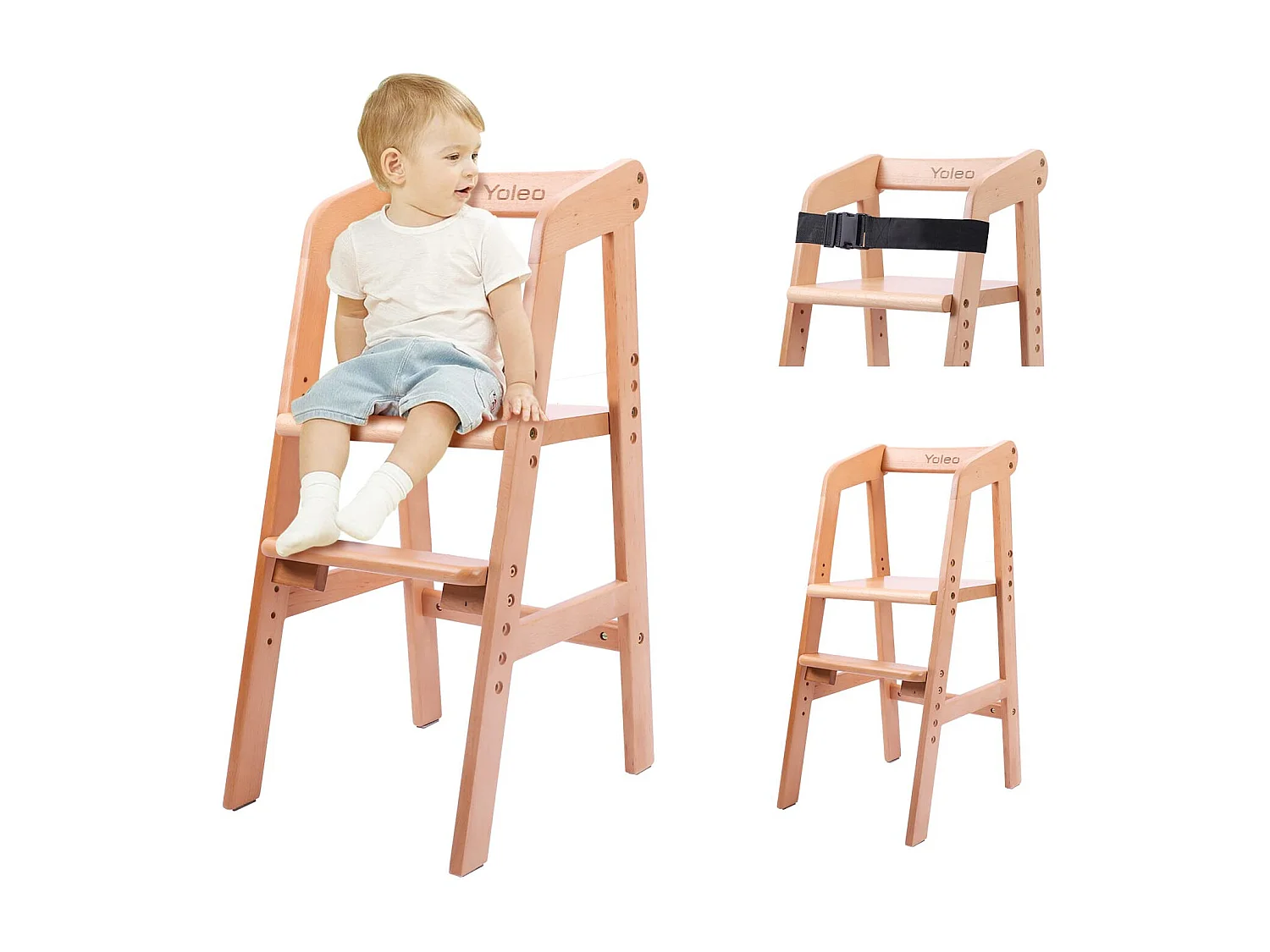 Chaise Haute YOLEO, Chaise Haute Enfantine Réglable en Hauteur en Bois pour Enfants de 2 à 12 Ans pour Manger et Apprendre (Couleur Naturelle)