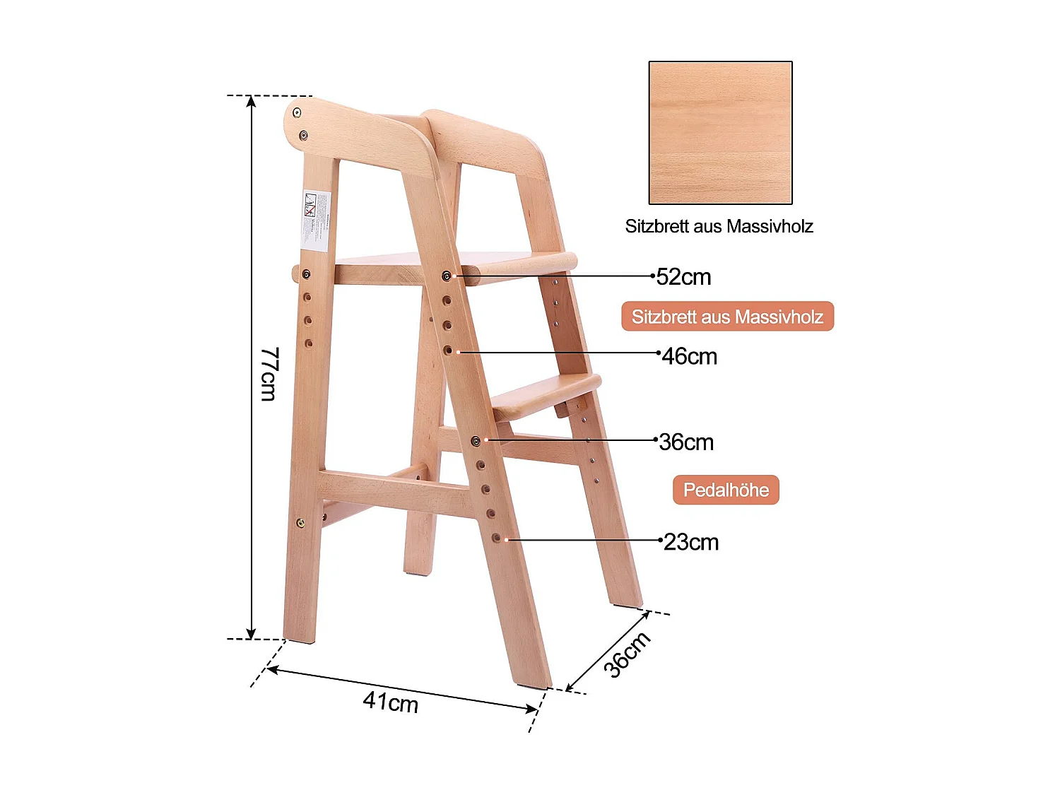 Chaise Haute YOLEO, Chaise Haute Enfantine Réglable en Hauteur en Bois pour Enfants de 2 à 12 Ans pour Manger et Apprendre (Couleur Naturelle)