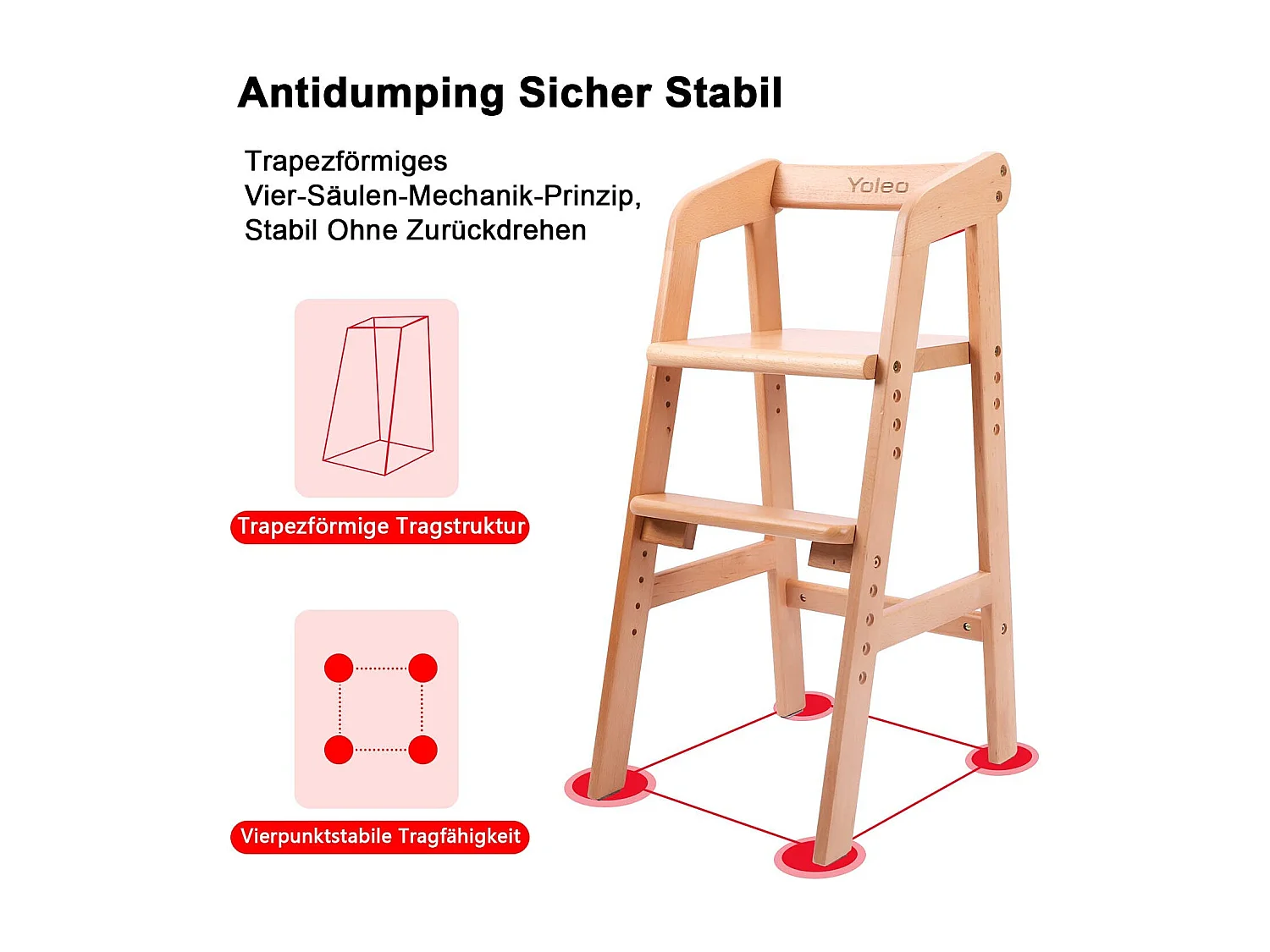 Chaise Haute YOLEO, Chaise Haute Enfantine Réglable en Hauteur en Bois pour Enfants de 2 à 12 Ans pour Manger et Apprendre (Couleur Naturelle)