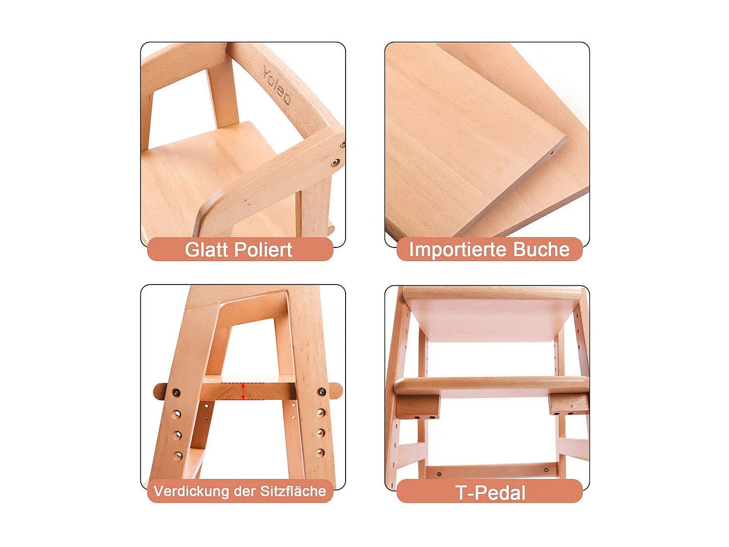 Chaise Haute YOLEO, Chaise Haute Enfantine Réglable en Hauteur en Bois pour Enfants de 2 à 12 Ans pour Manger et Apprendre (Couleur Naturelle)