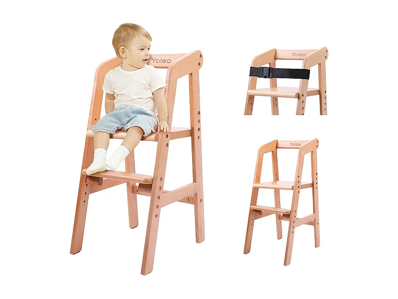 Chaise Haute YOLEO, Chaise Haute Enfantine Réglable en Hauteur en Bois pour Enfants de 2 à 12 Ans pour Manger et Apprendre (Couleur Naturelle)