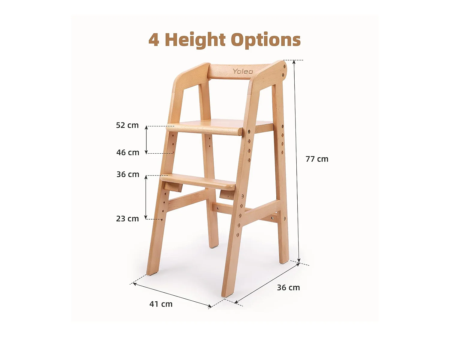 Seggiolone YOLEO in Legno, Regolabile in Altezza per Bambini dai 2 ai 12 Anni - Per Mangiare e Imparare (Colore Naturale con Cuscino)