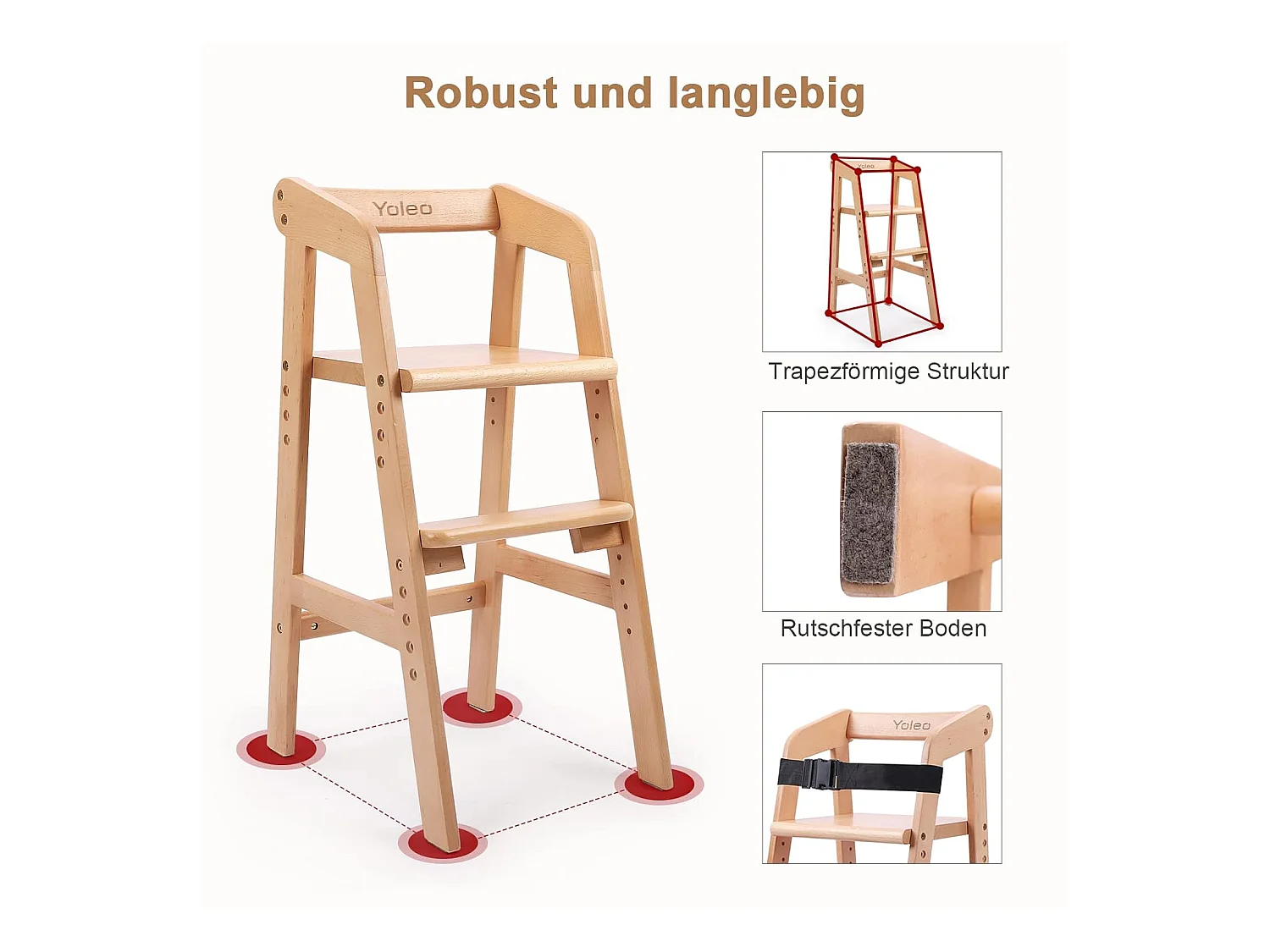 Seggiolone YOLEO in Legno, Regolabile in Altezza per Bambini dai 2 ai 12 Anni - Per Mangiare e Imparare (Colore Naturale con Cuscino)