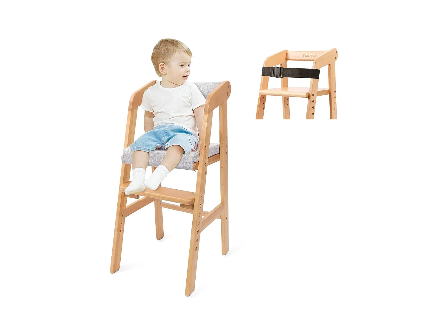 Chaise Haute YOLEO en Bois, Réglable en Hauteur pour Enfants de 2 à 12 Ans - Pour Repas et Apprentissage (Naturel avec Coussin)